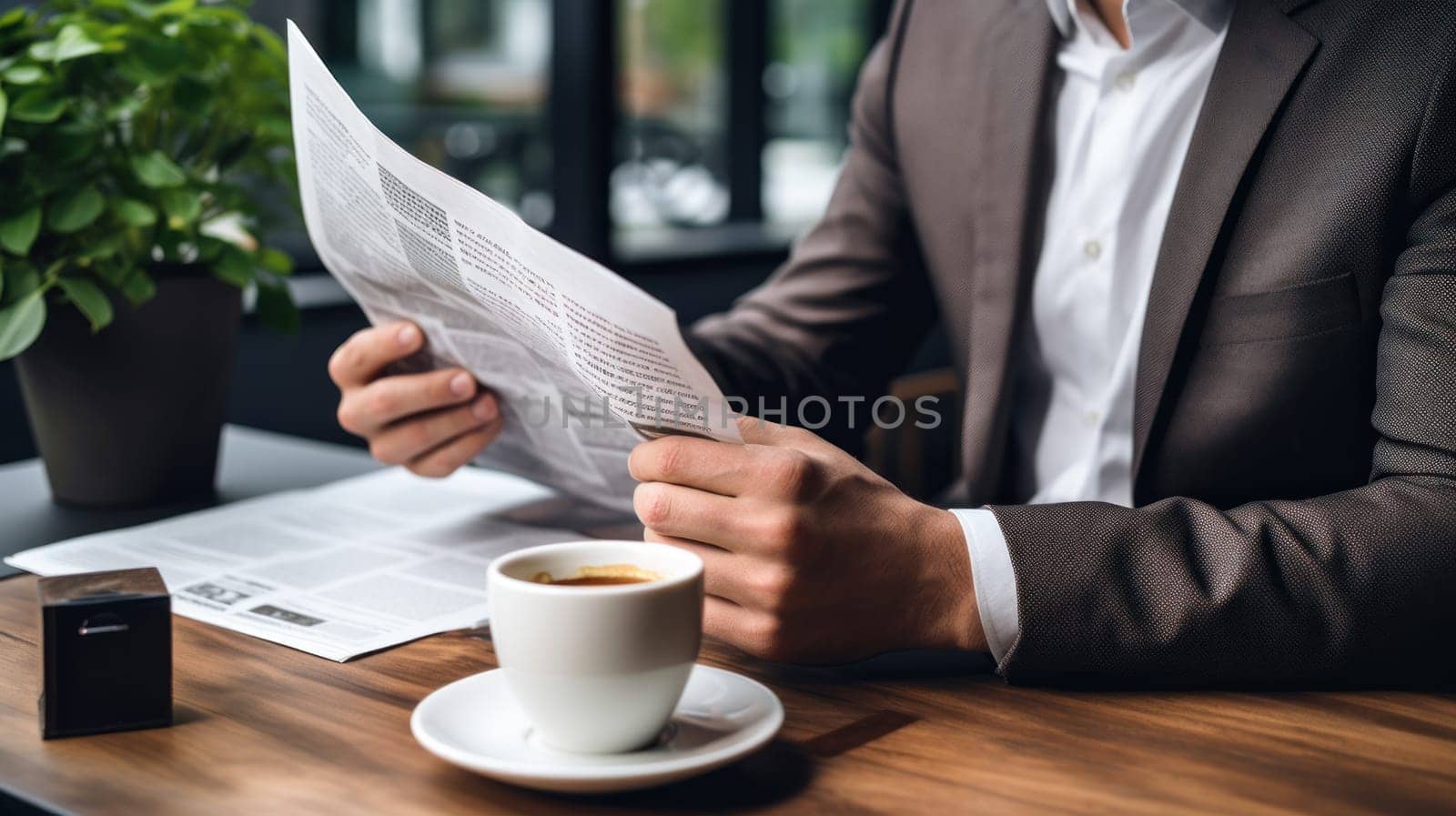 Man holding newsletter, sitting to the table. Generative AI.