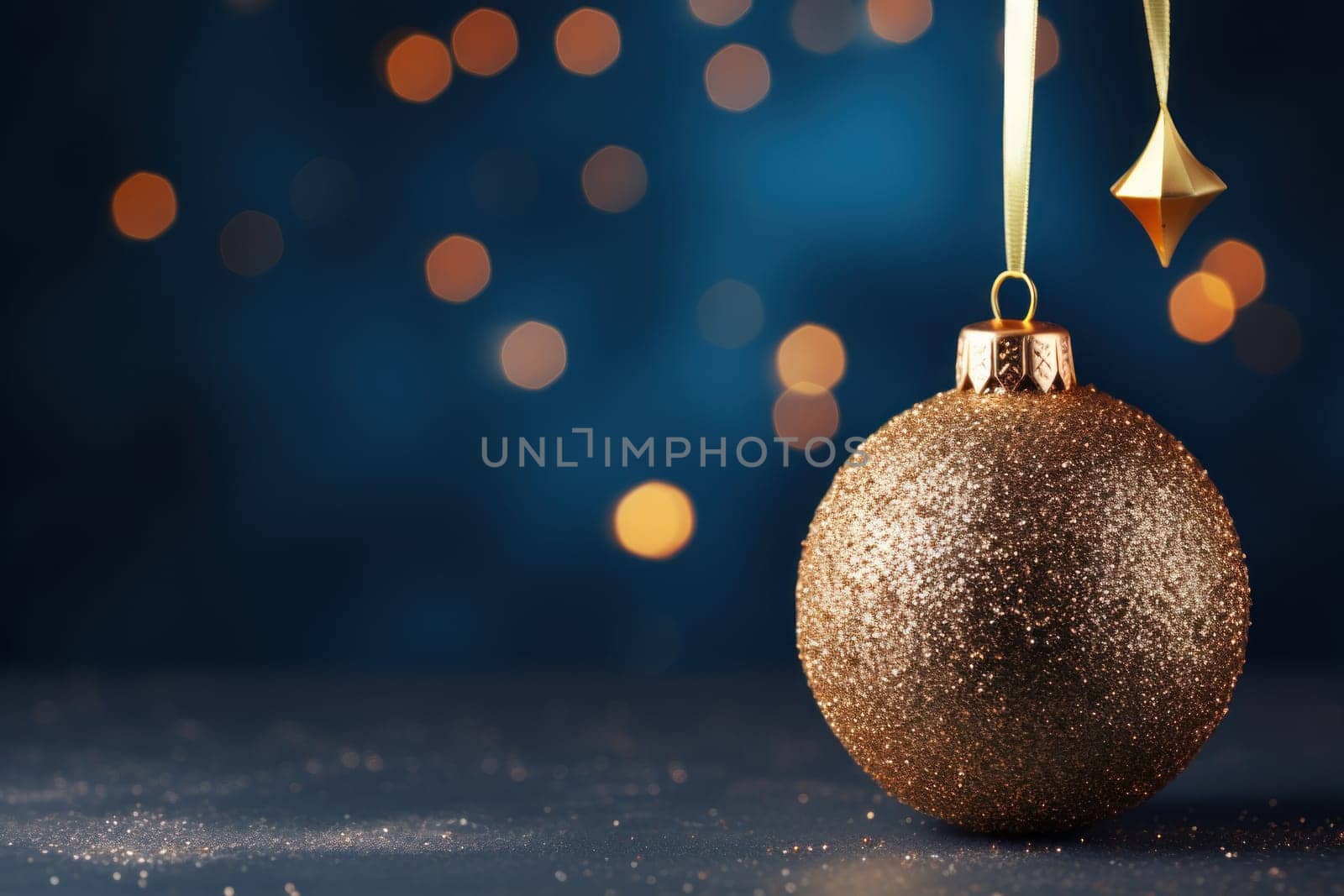Christmas Tree In Ball Hanging Fir Branch With Golden Glittering On Blue Abstract Night. Generative AI.