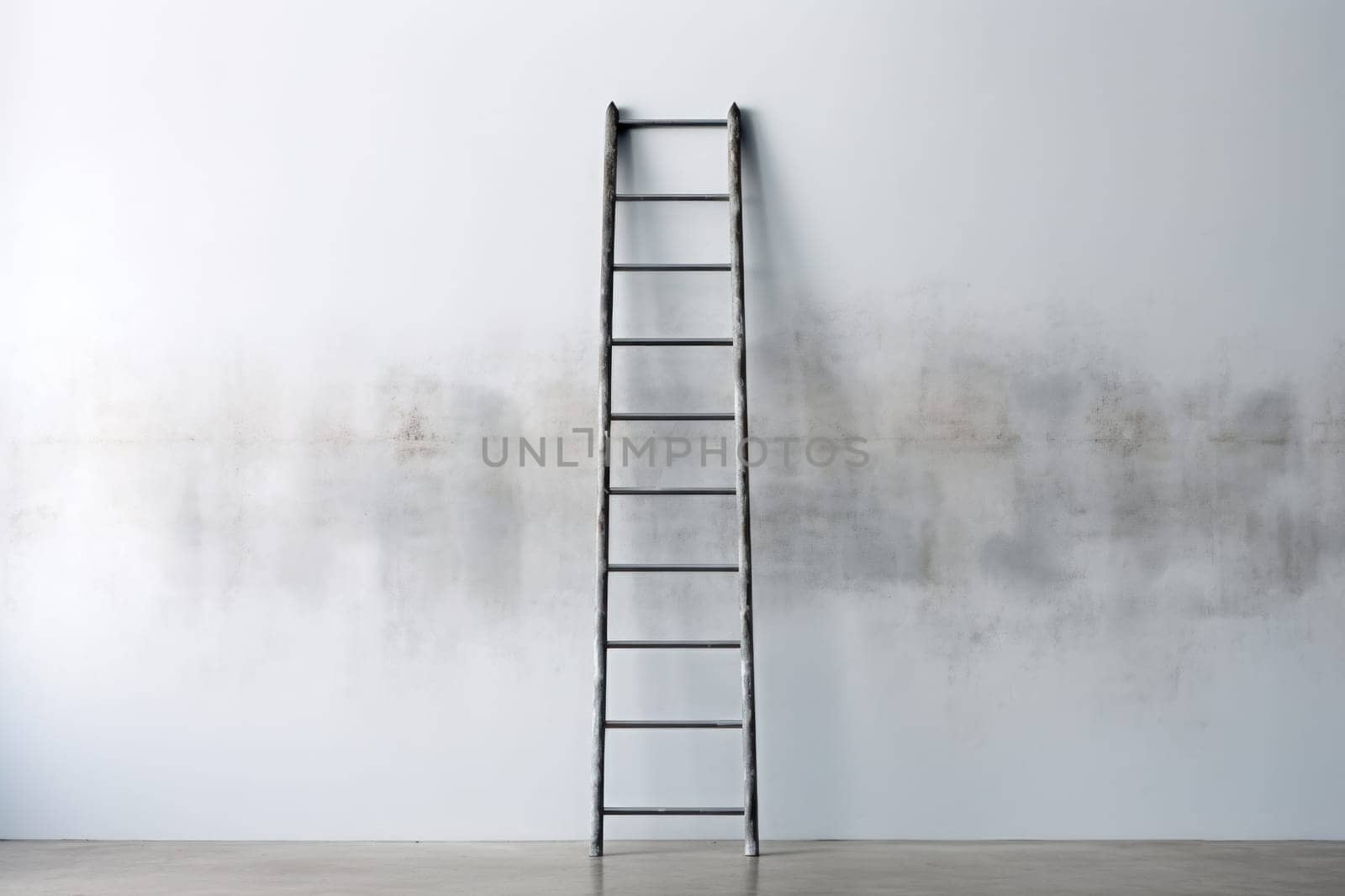 Blank dirty grunge wall with ladder. Generative AI.