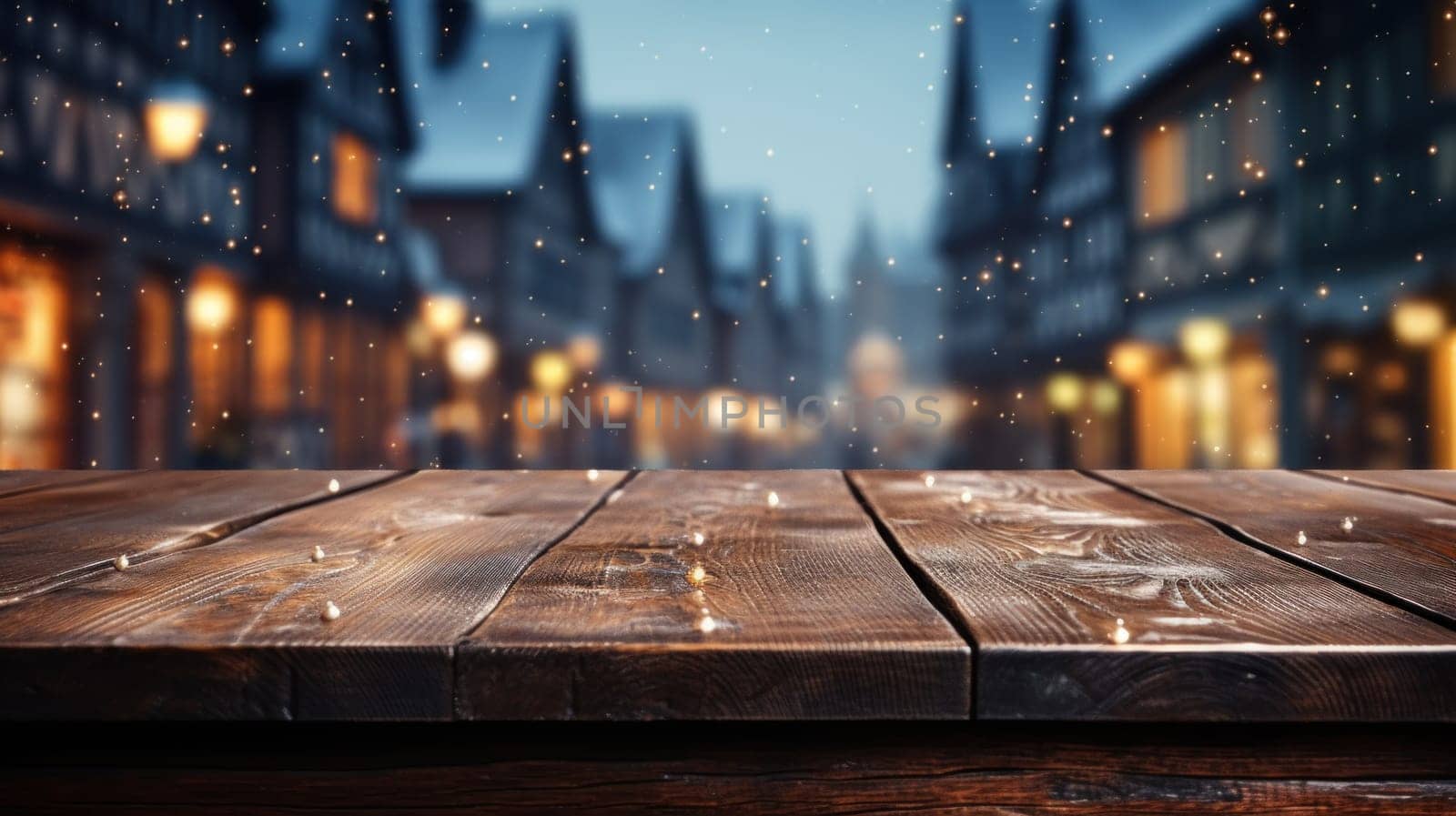Wooden table covered with snow Empty space with an illuminated Christmas town square. Generative AI.