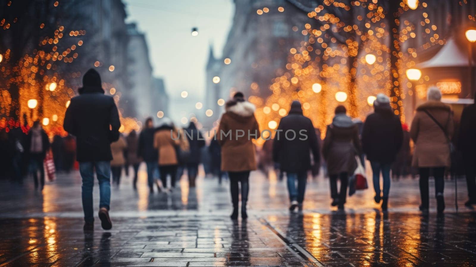 People walking in the city street with bokeh Christmas night. Generative AI.