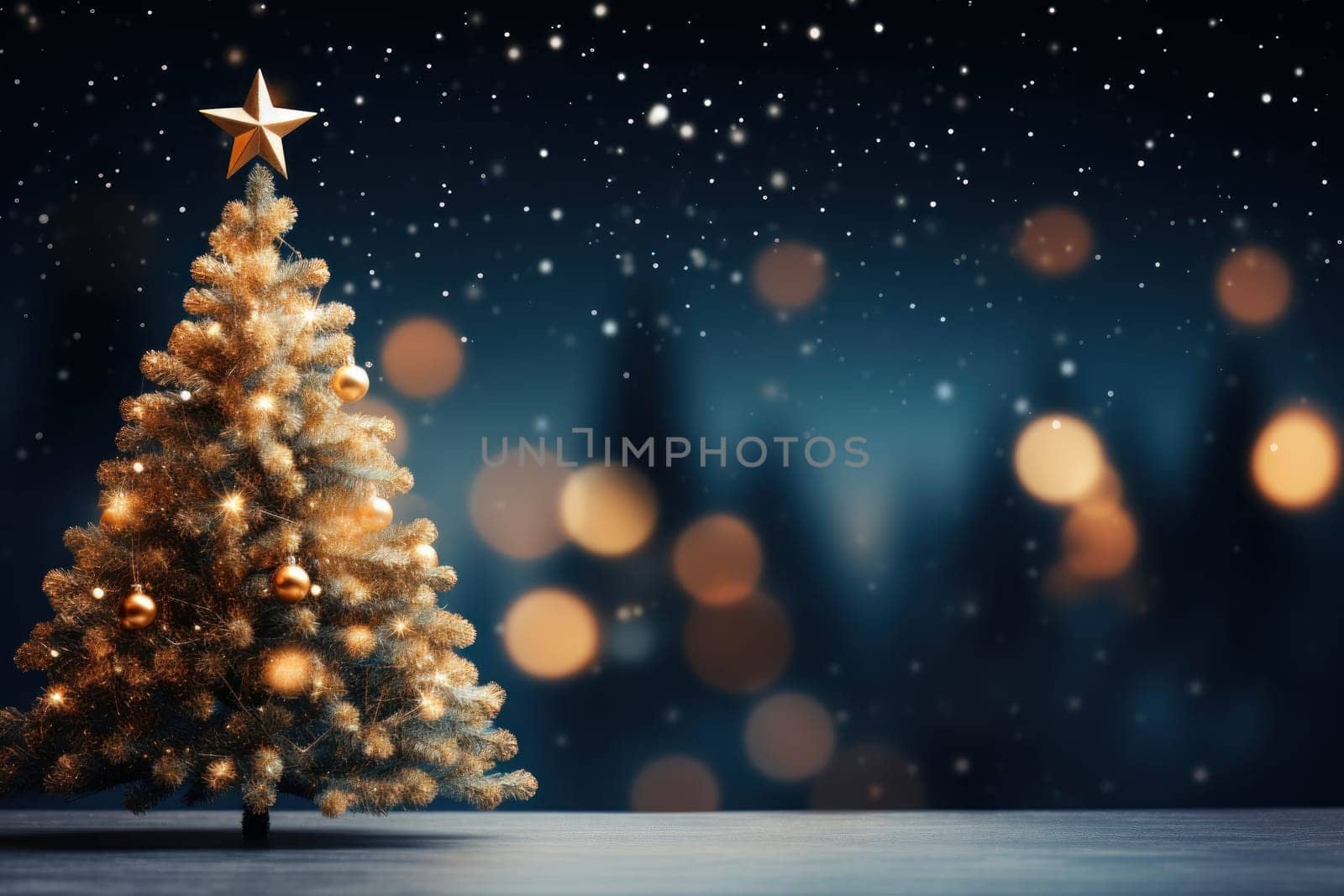 Christmas Tree In Ball Hanging Fir Branch With Golden Glittering On Blue Abstract Night. Generative AI.