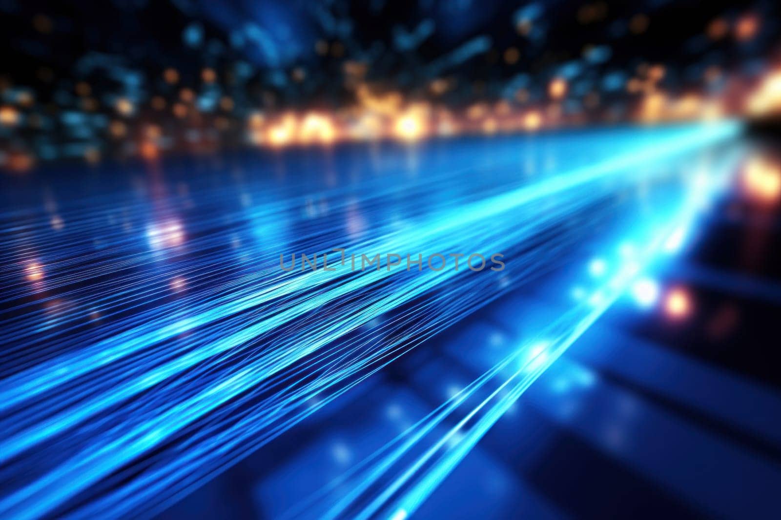 Blue light streak fiber optic speed line futuristic background. Generative AI by golfmerrymaker