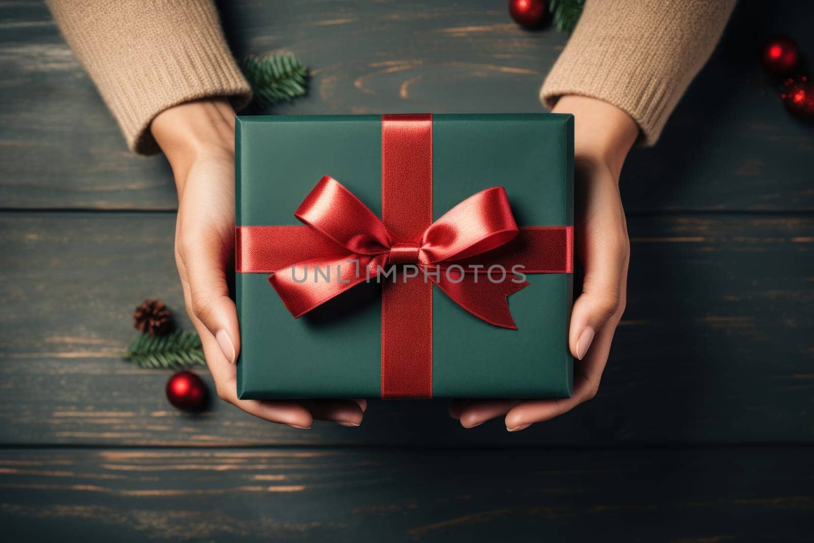 Hands holding dark green gift box and red ribbon top view, Christmas concept. Generative AI.