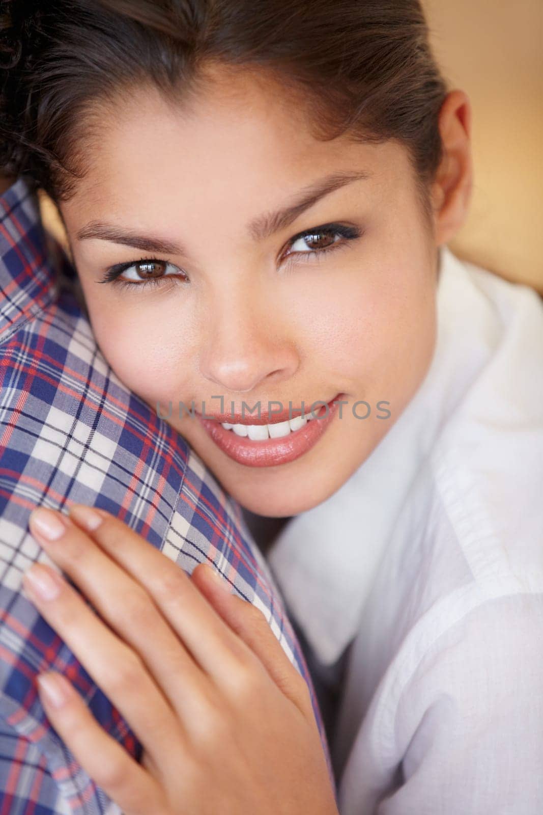 Woman, closeup and embrace partner with face of love , happiness and care on date in India. Portrait, smile and girlfriend rest on shoulder of man or couple relax together bonding with romance.