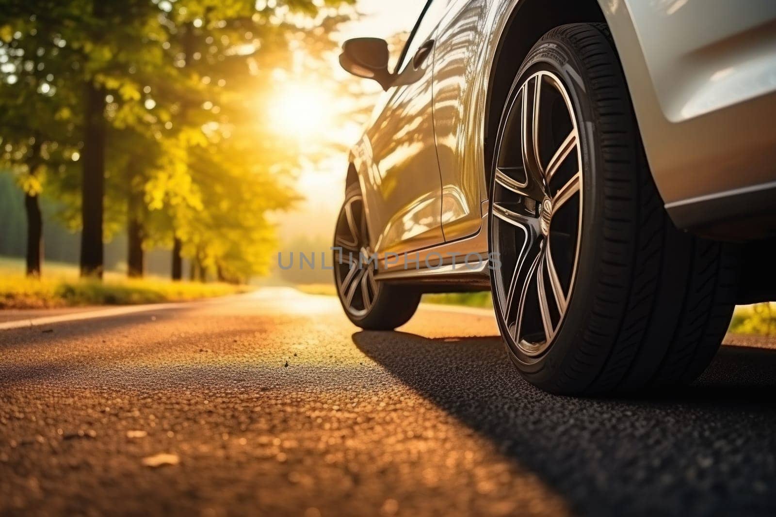 Summer tires on the asphalt road in the sun time for summer tires. Generative AI by golfmerrymaker