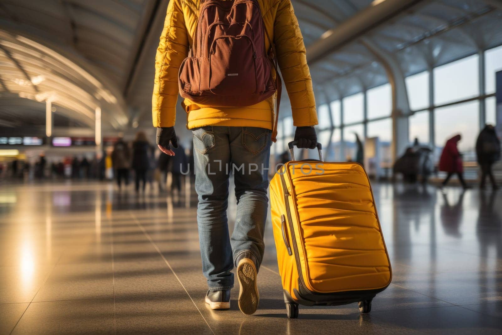 Photo of person hurrying up with a suitcase, airport. Generative AI by golfmerrymaker
