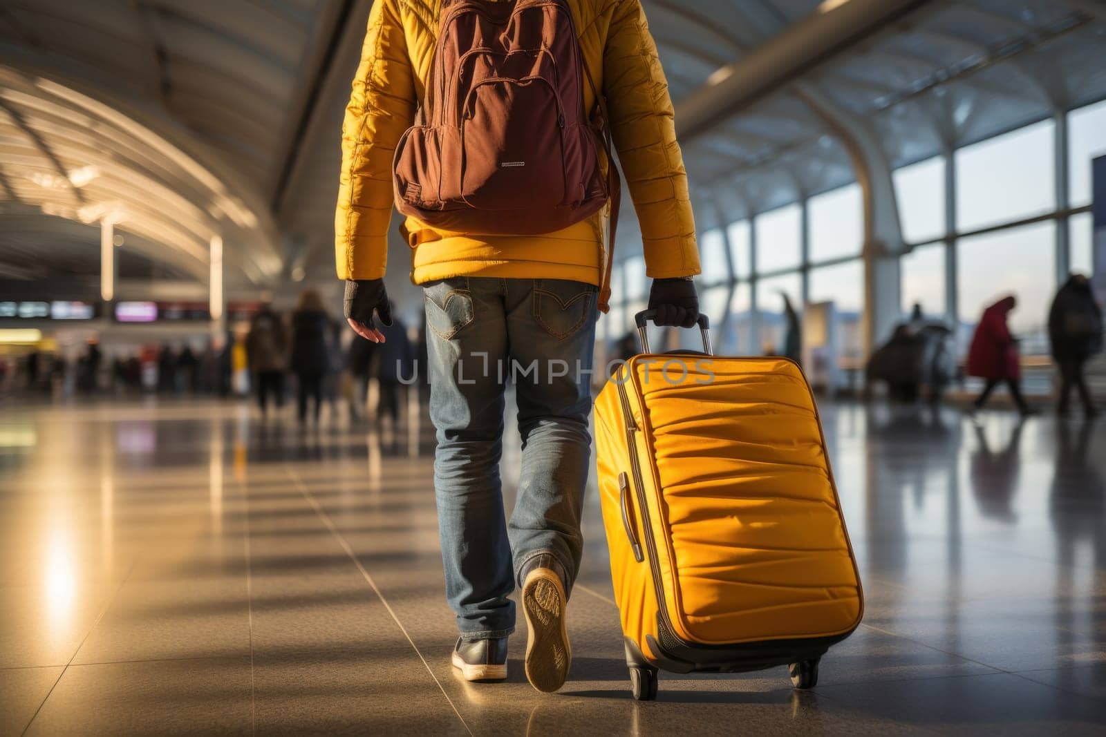 Photo of person hurrying up with a suitcase, airport. Generative AI.