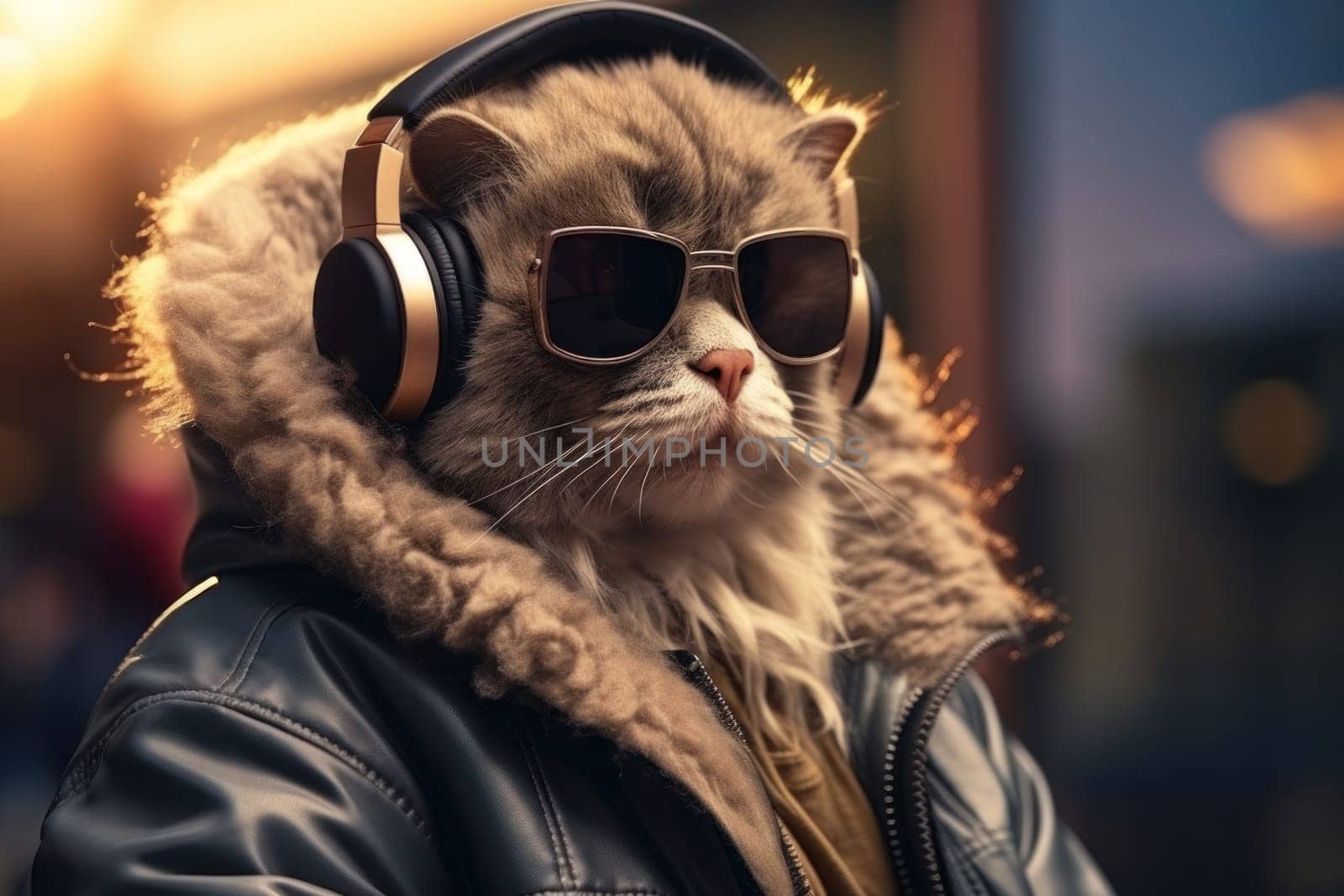 Portraits side view Fashionable cat Humanized, Sunglasses ,Ear Headphones. Generative AI.