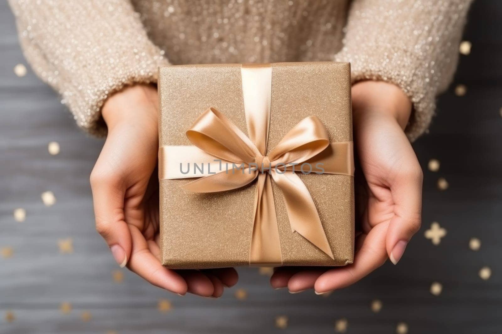 Hands holding gift box, preparing surprise for holiday, top view. Generative AI.