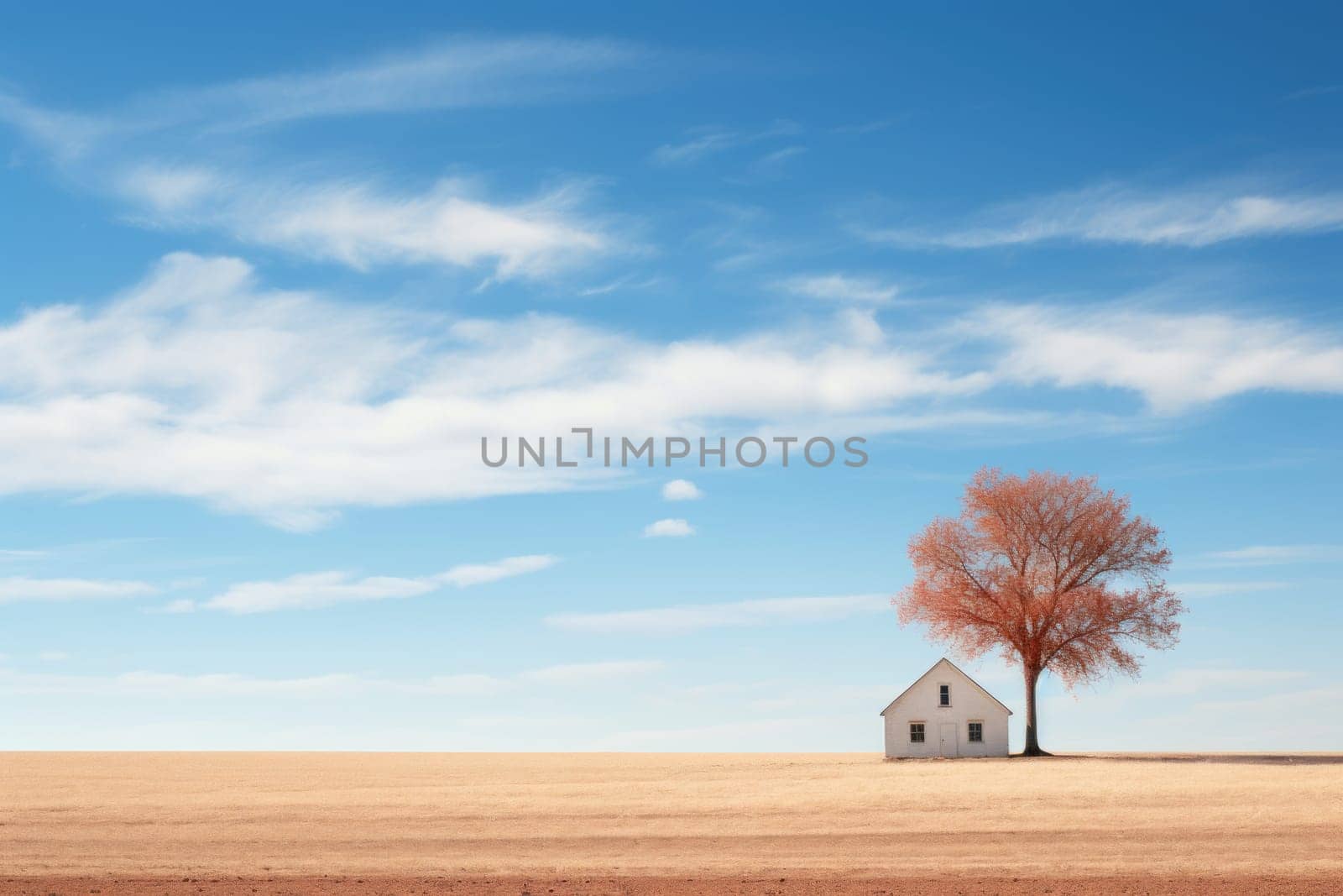 Minimalist landscape with alone tree and house. Generative AI.