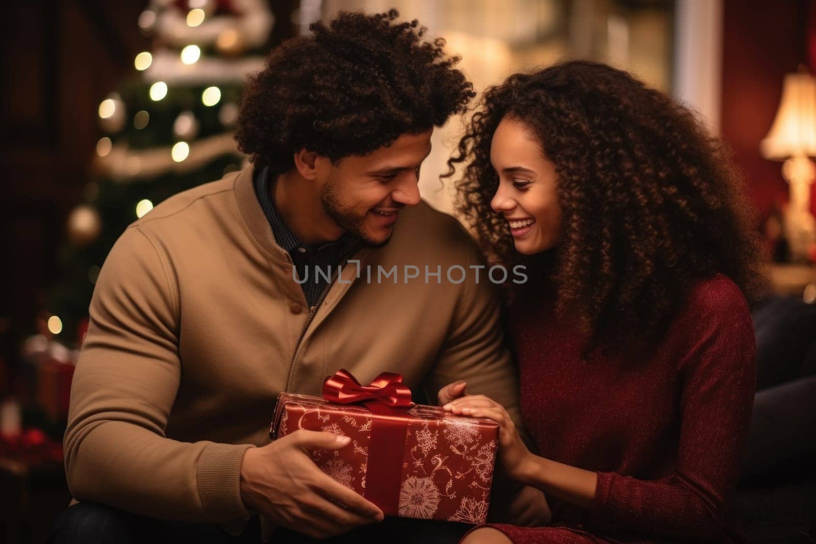 A man gives his girlfriend a Christmas present. Generative AI.