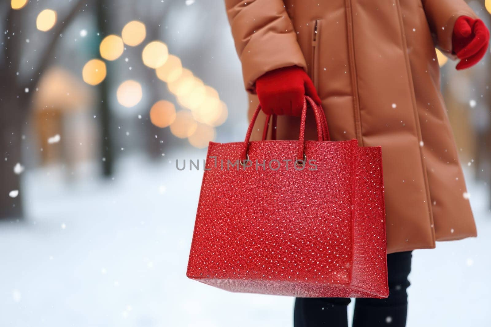 Woman in winter wear holds red shopping bag. Generative AI.