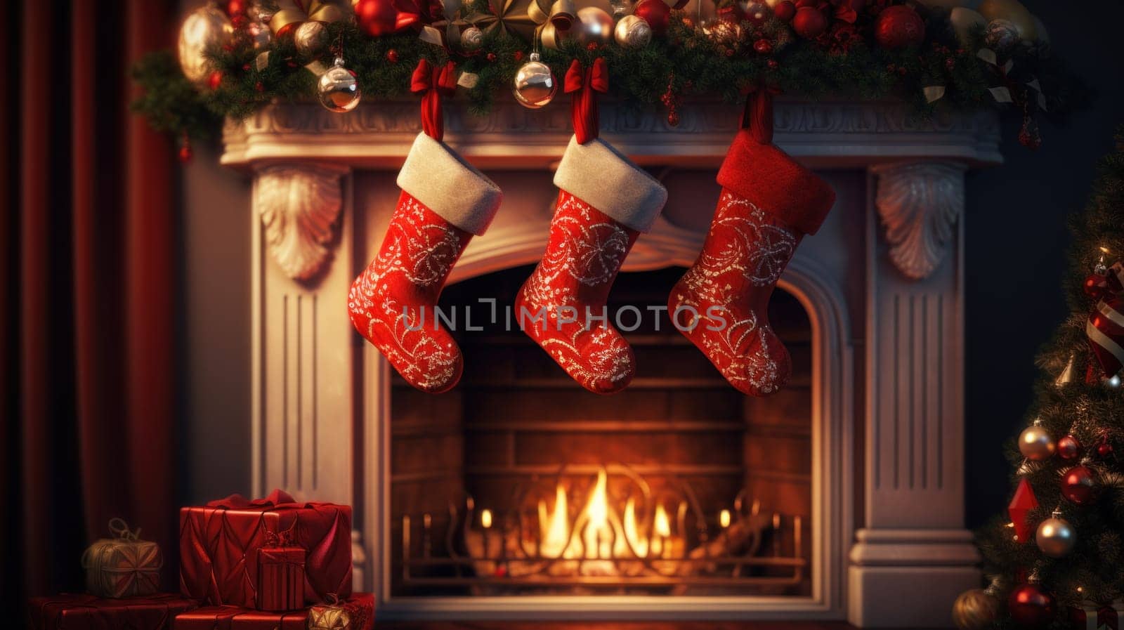 Christmas sock on fireplace mantel. Beautifully decorated living room. Generative AI.