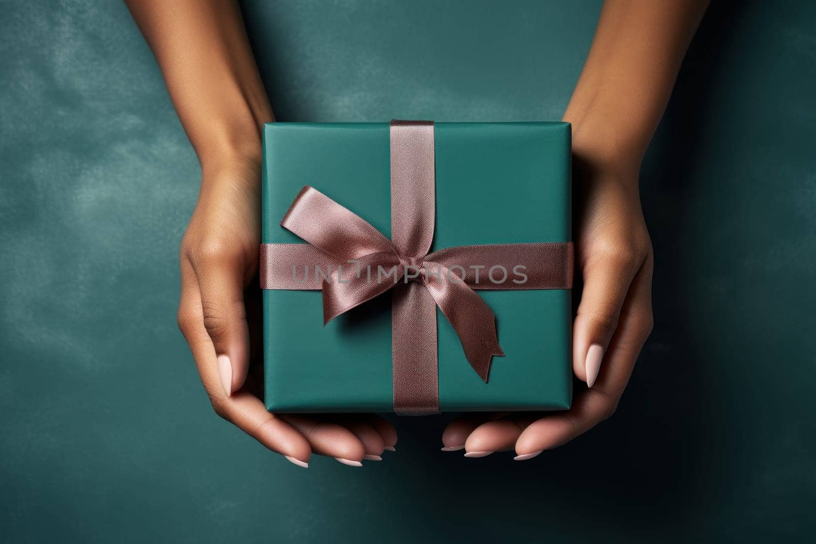 Hands holding dark green gift box and red ribbon top view, Christmas concept. Generative AI.