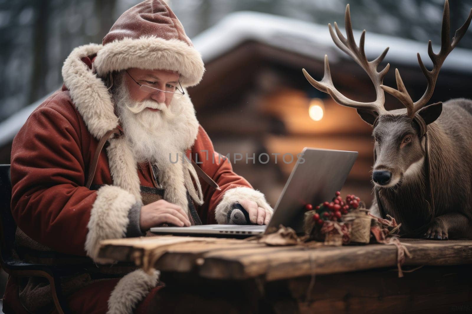 Santa use laptop, reindeer with sled. Generative AI.