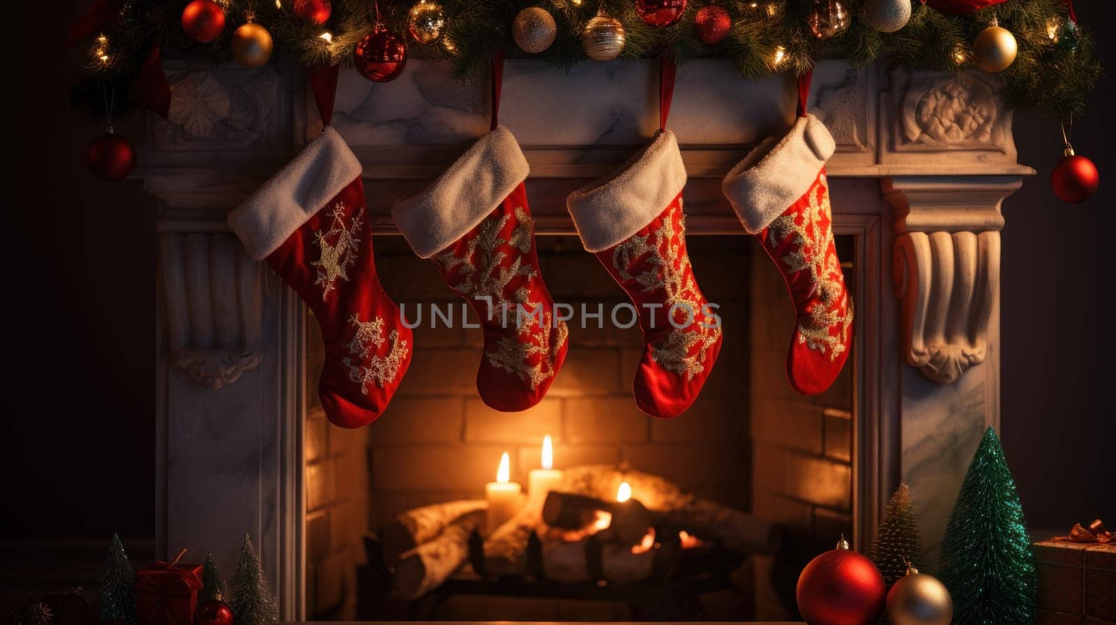 Christmas sock on fireplace mantel. Beautifully decorated living room. Generative AI.