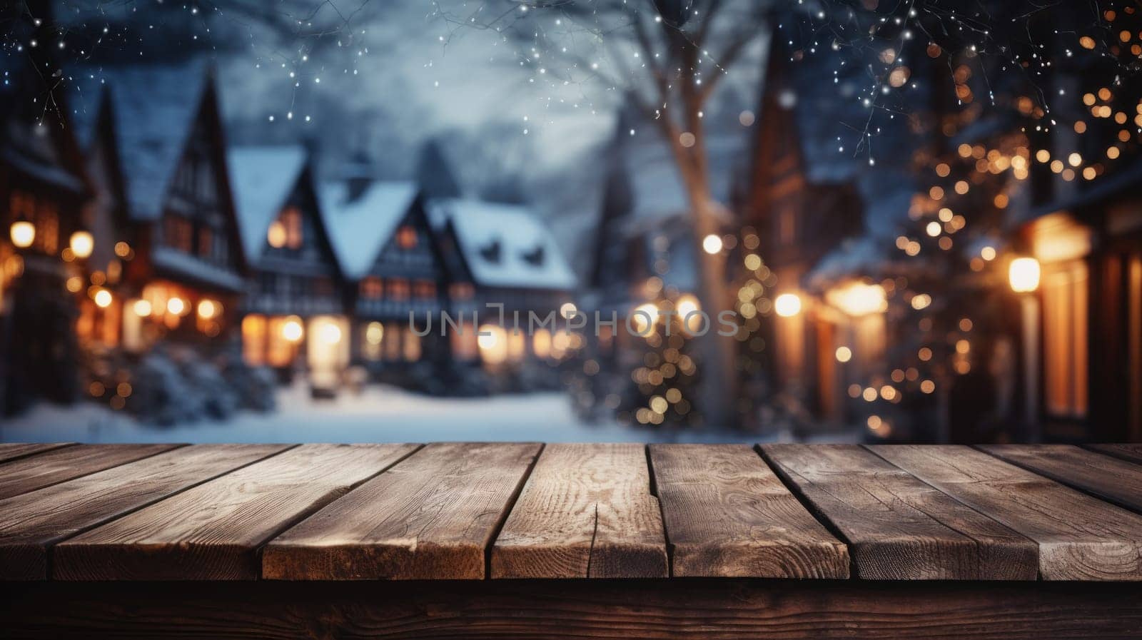 Wooden table covered with snow Empty space with an illuminated Christmas town square. Generative AI.