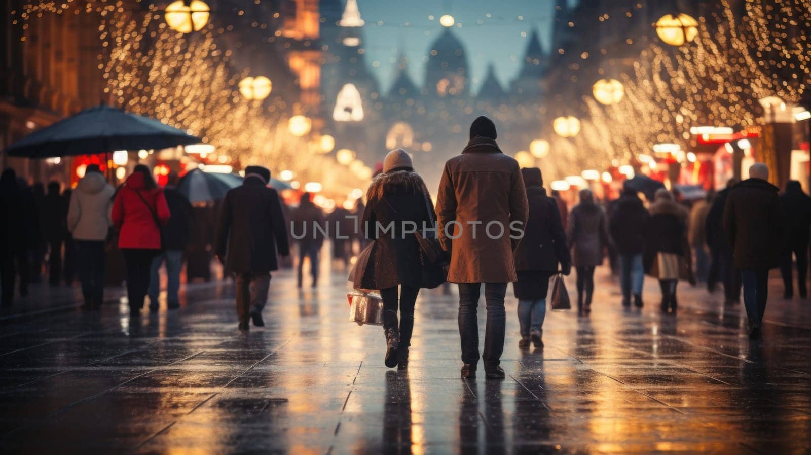 People walking in the city street with bokeh Christmas night. Generative AI.