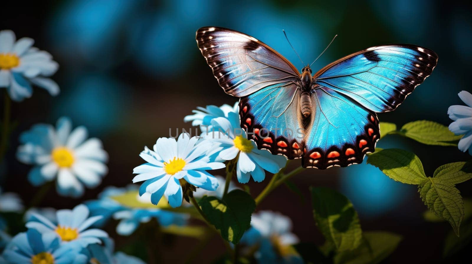 close up High-resolution image of Blue Morpho on white daisy flower. Generative AI.