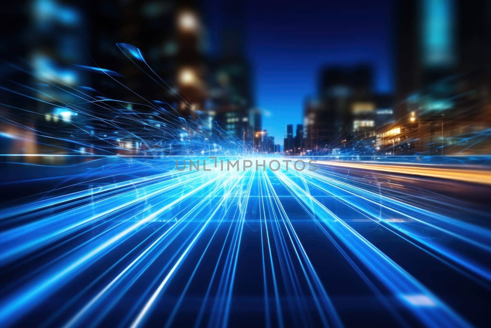 Blue light streak fiber optic speed line futuristic background. Generative AI by golfmerrymaker