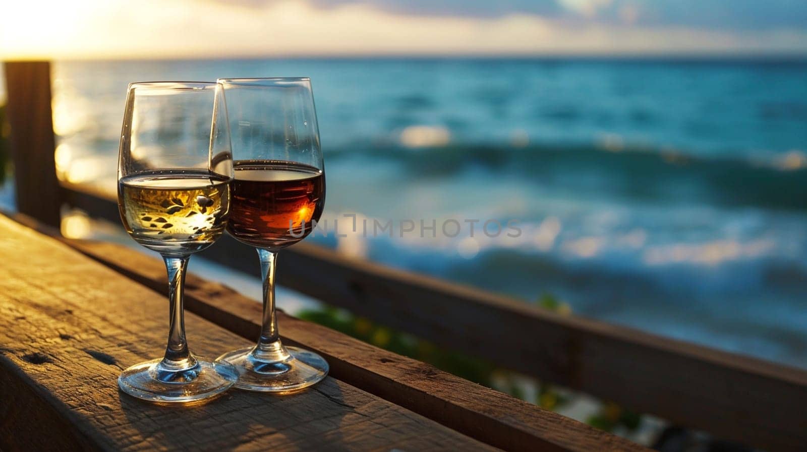 A glass of wine near the sea against the sky at sunset. selective focus. Food Generative AI,