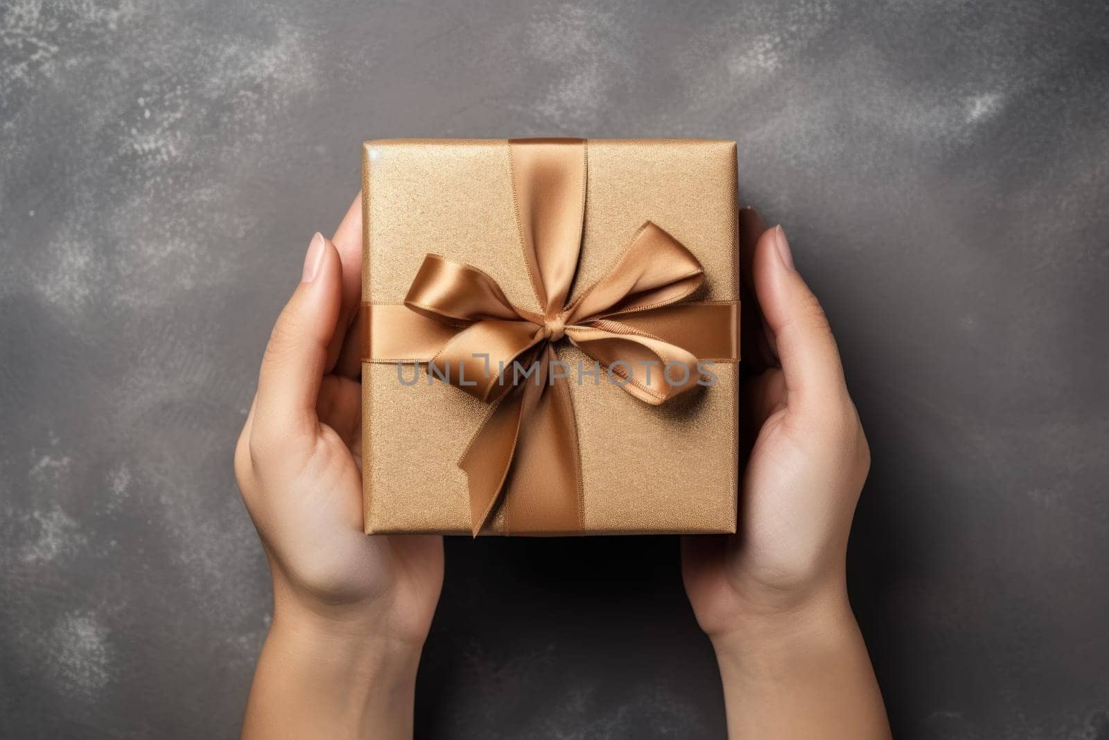 Hands holding gift box, preparing surprise for holiday, top view. Generative AI.
