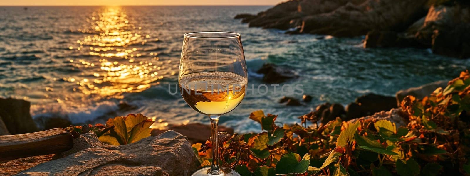 A glass of wine near the sea against the sky at sunset. selective focus. Food Generative AI,