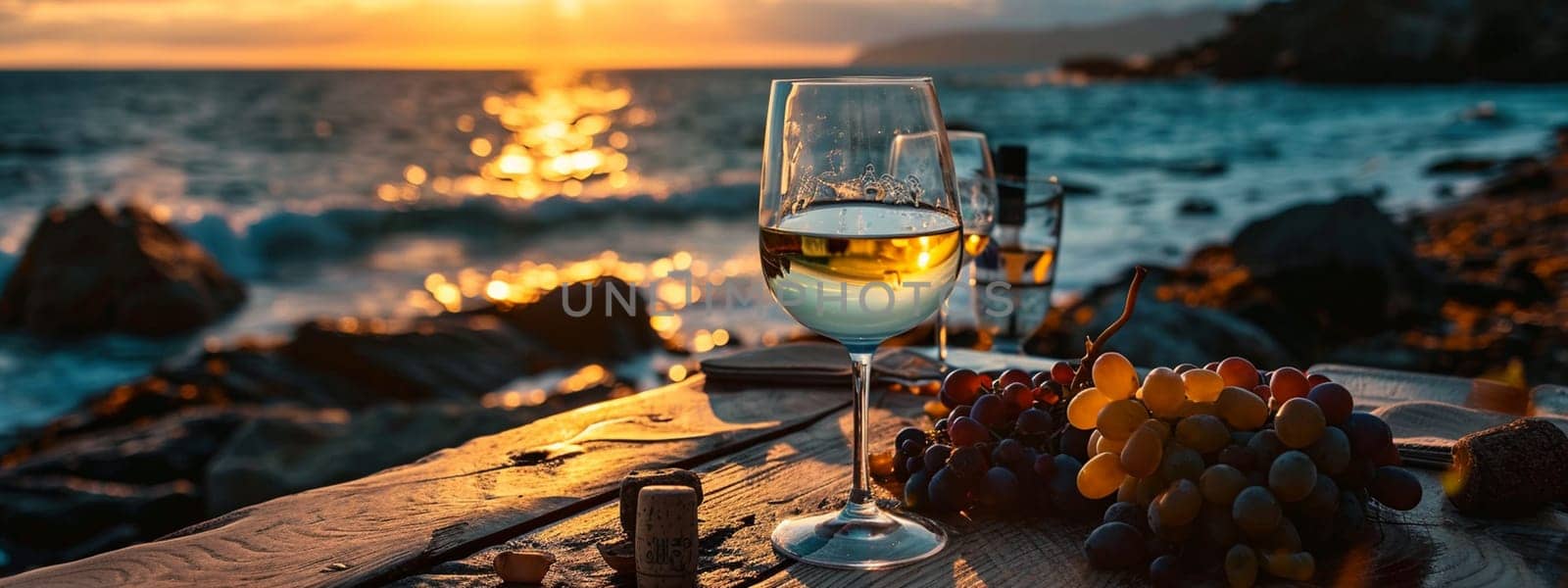 A glass of wine near the sea against the sky at sunset. selective focus. Generative AI, by mila1784