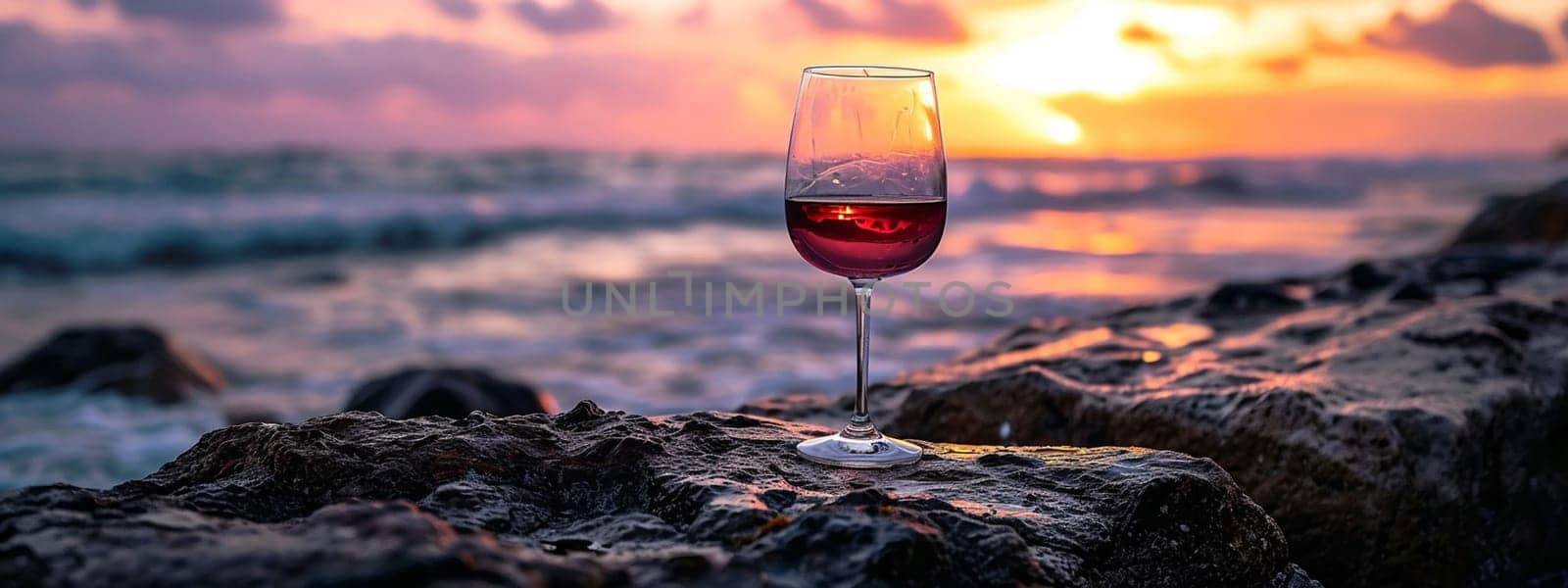 A glass of wine near the sea against the sky at sunset. selective focus. Generative AI, by mila1784