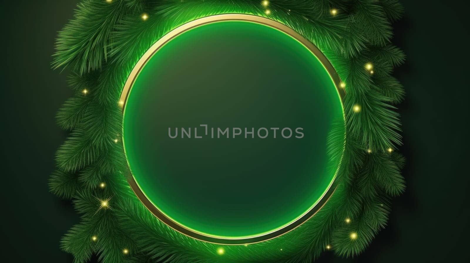 Green neon frame with close up Christmas spruce branches with copy space. Generative AI.