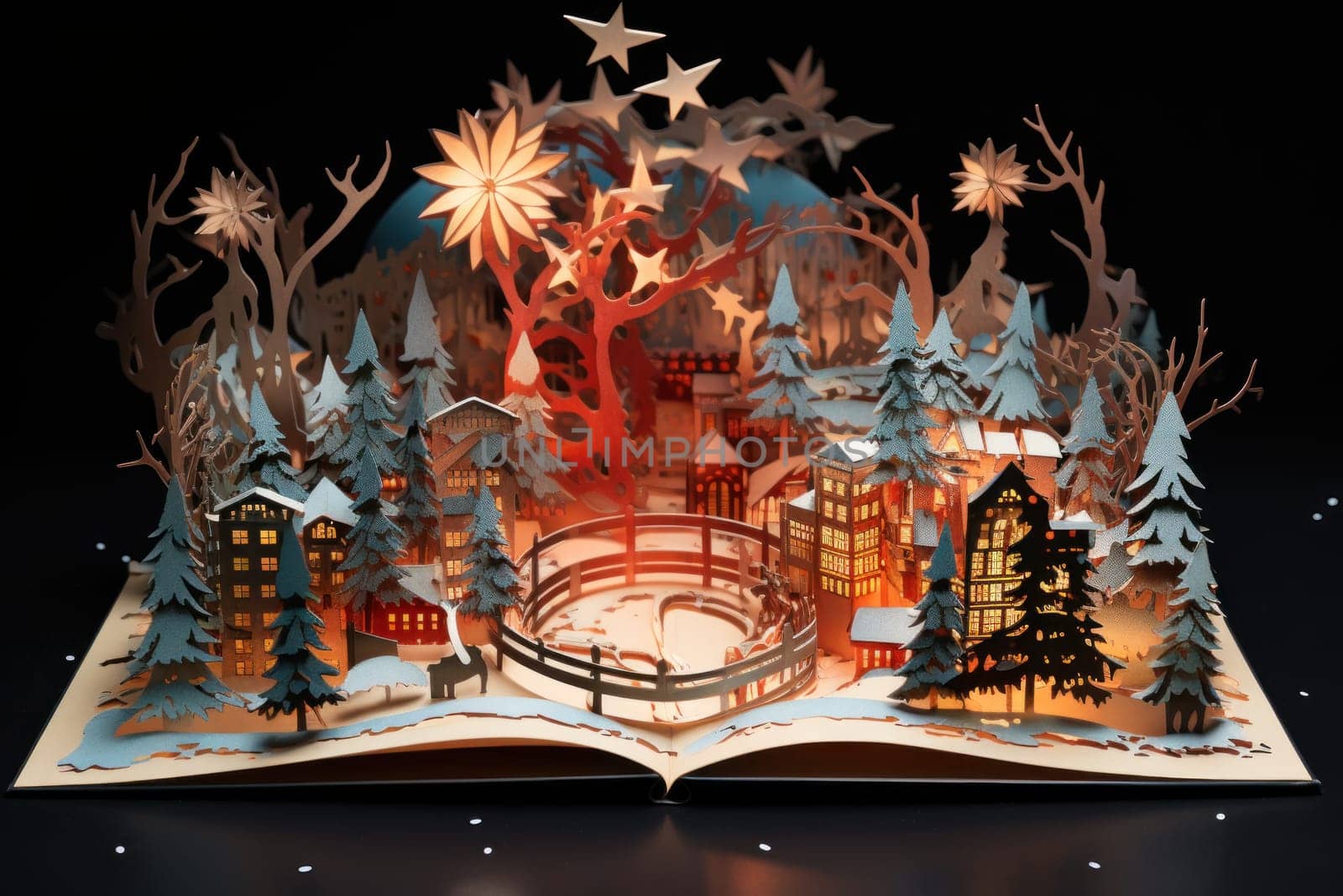 3D Popup Magic Christmas Wonders on book. Generative AI.