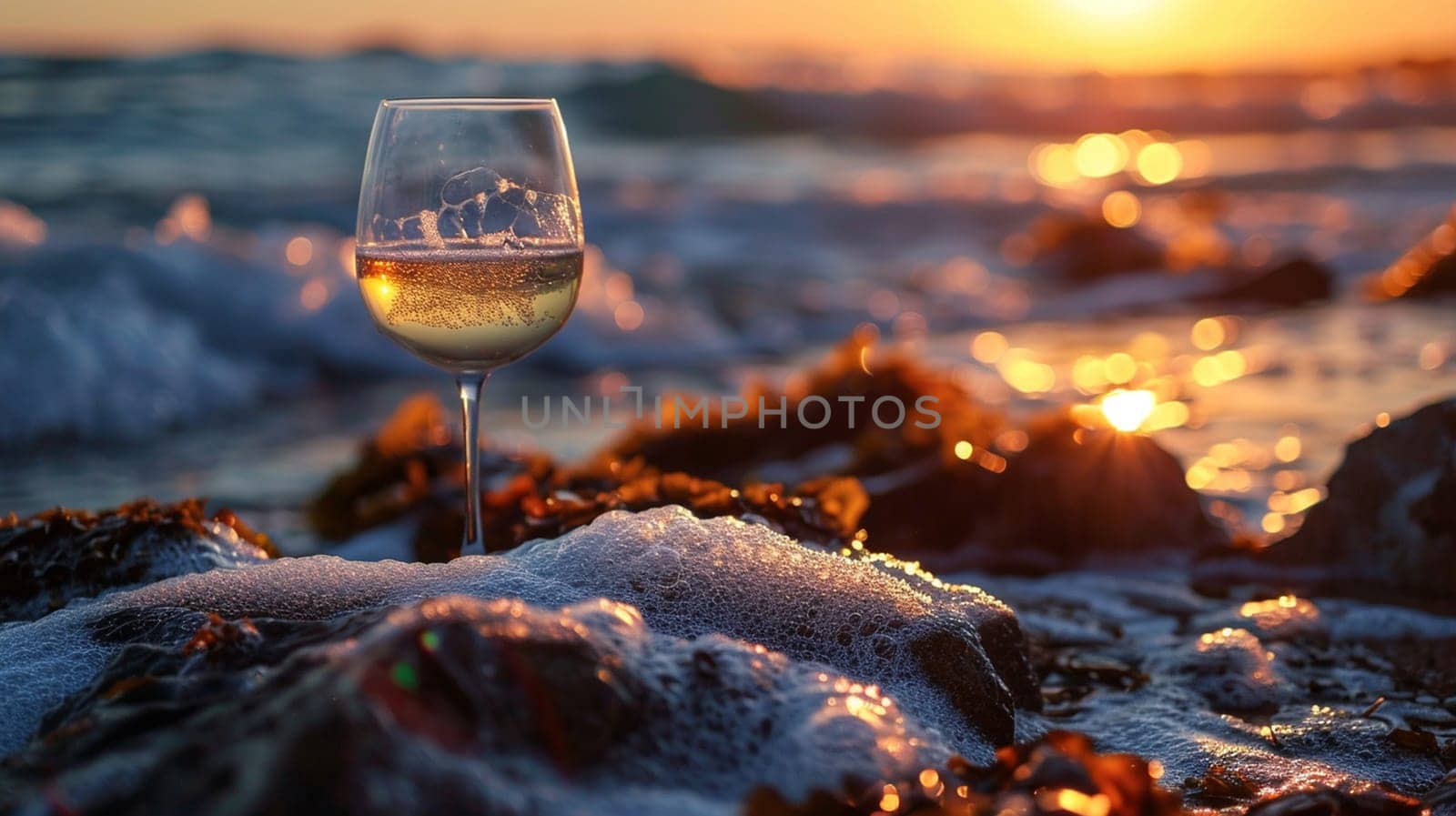 A glass of wine near the sea against the sky at sunset. selective focus. Food Generative AI,