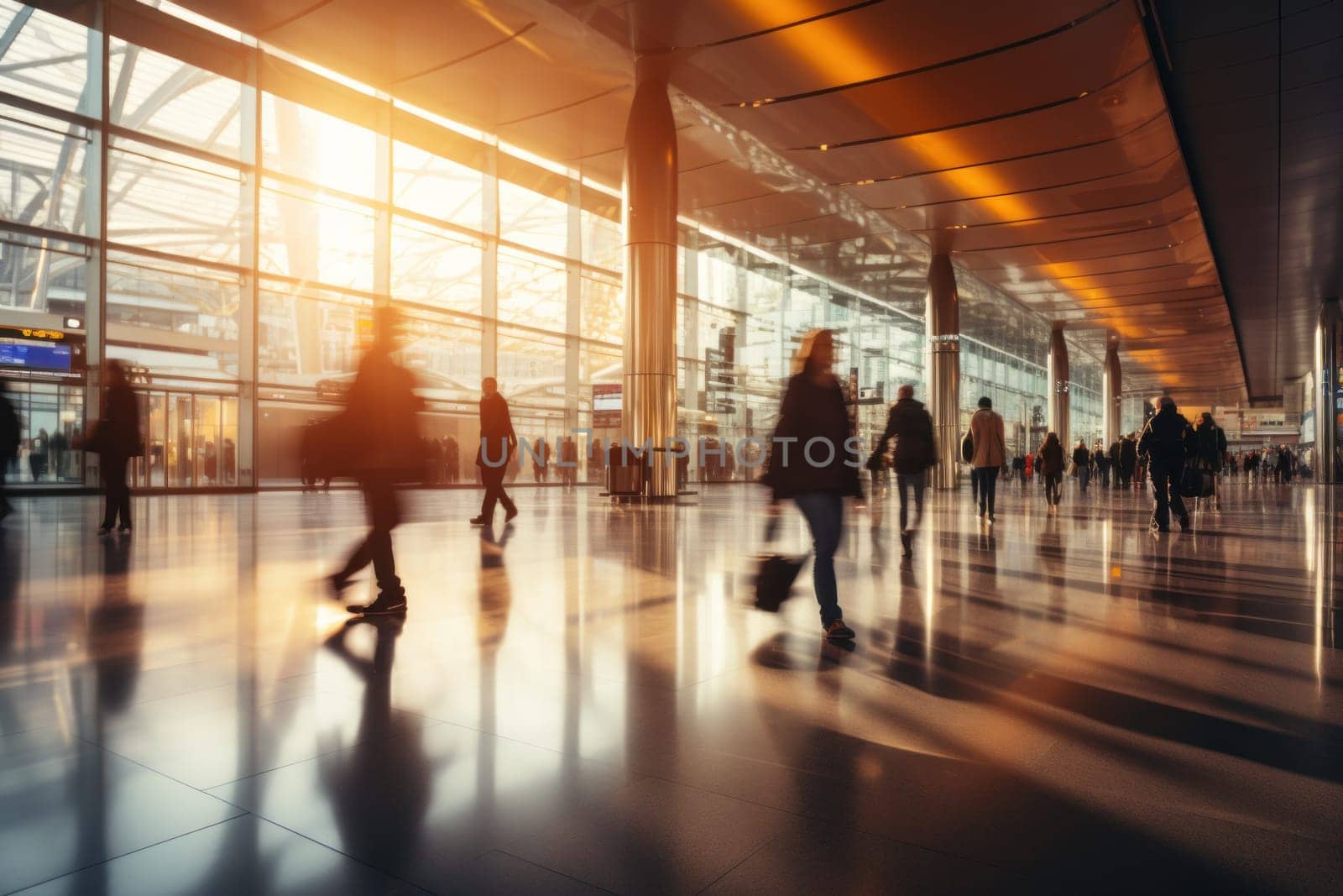 Inside airport with blurred people walking in the terminal. Generative AI.