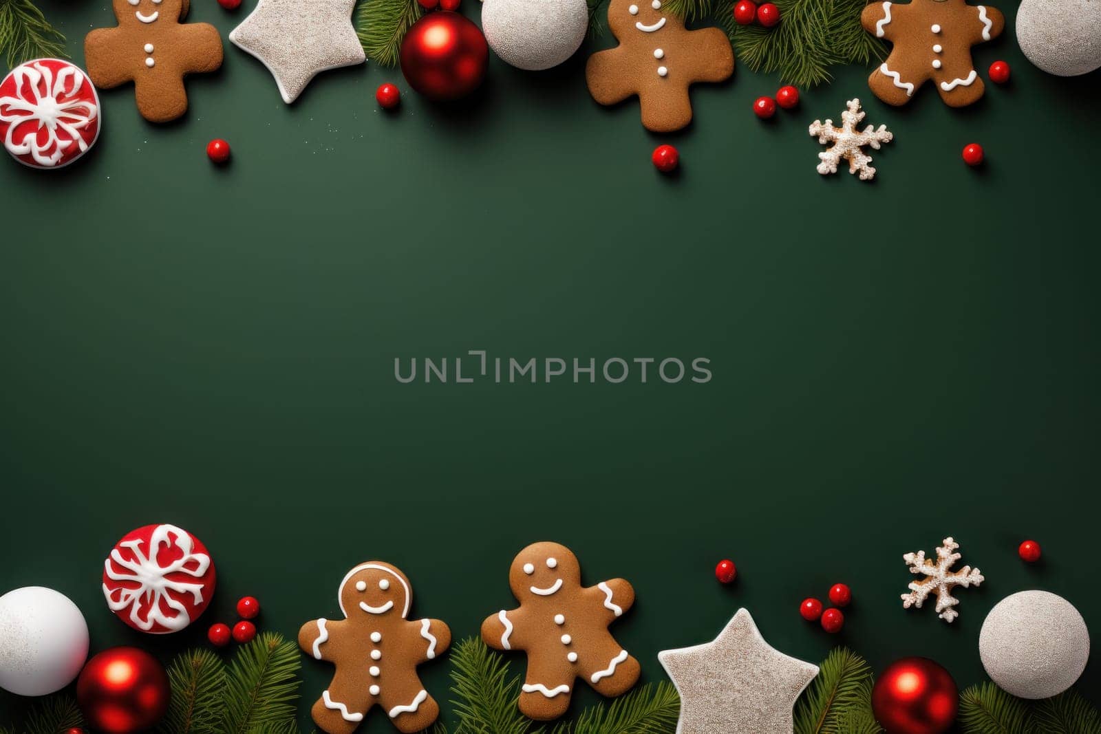 Christmas Banner with some presents, gingerbread man cookies on green background. Generative AI.