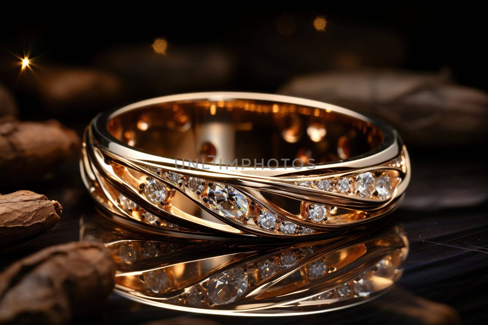 Gold ring with precious stones on a dark background with golden bokeh.