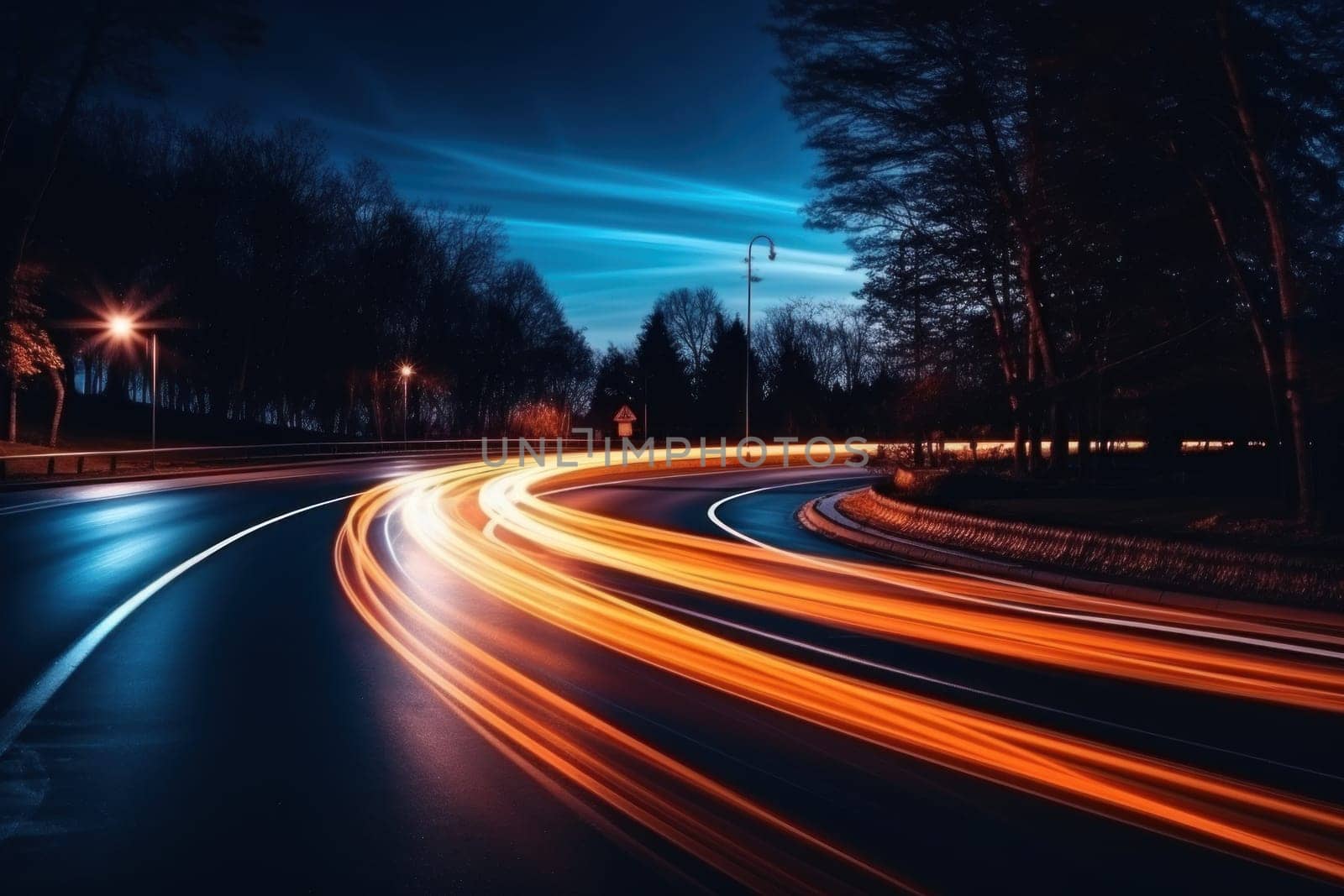 Cars light trails at night in a curve asphalt road at night. Generative AI.