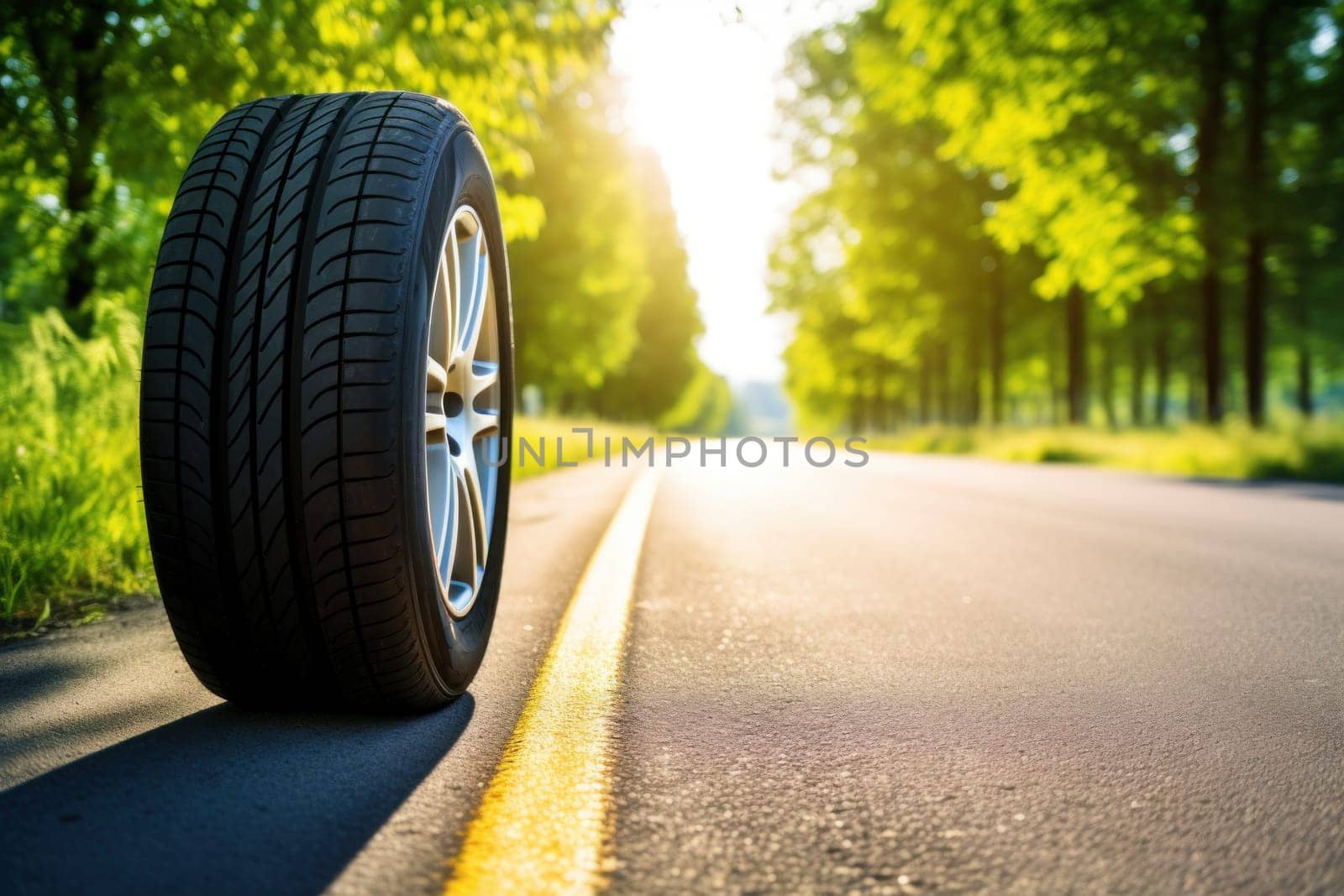 Summer tires on the asphalt road in the sun time for summer tires. Generative AI.