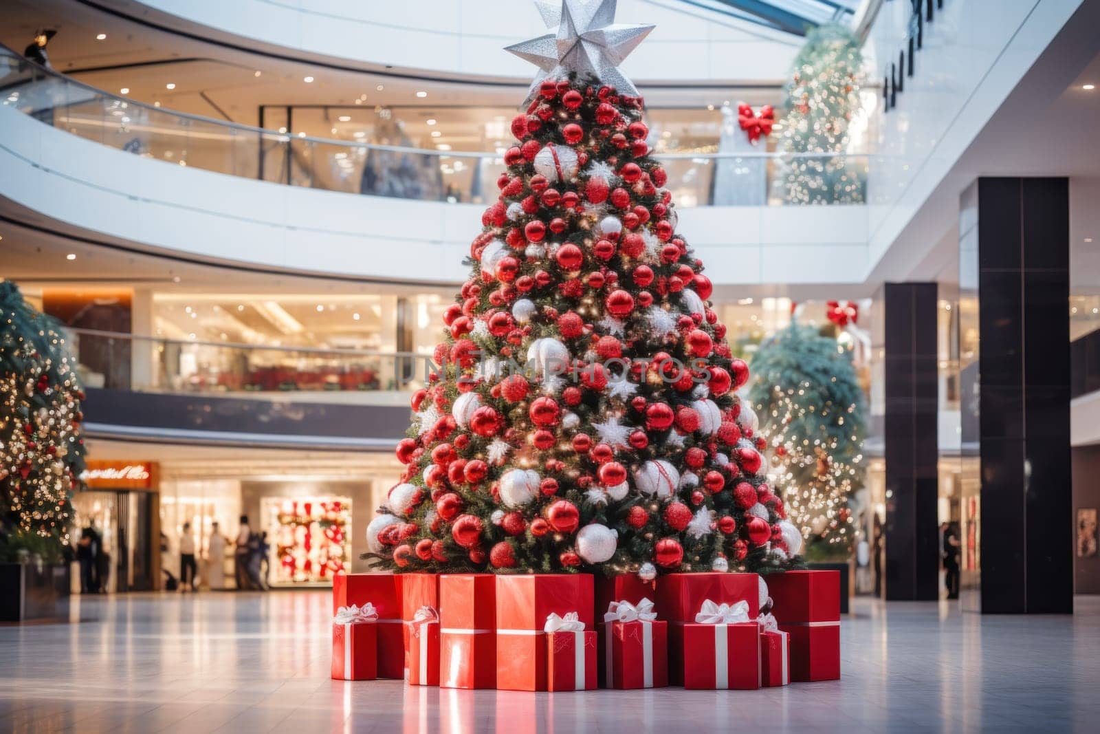 A giant Christmas tree in the middle of a shopping mall . Generative AI by golfmerrymaker