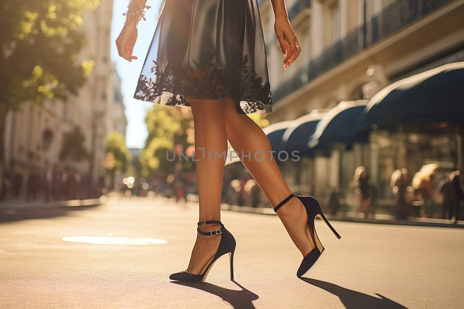 Slender female legs in high-heeled shoes on a city street. Generated by artificial intelligence by Vovmar