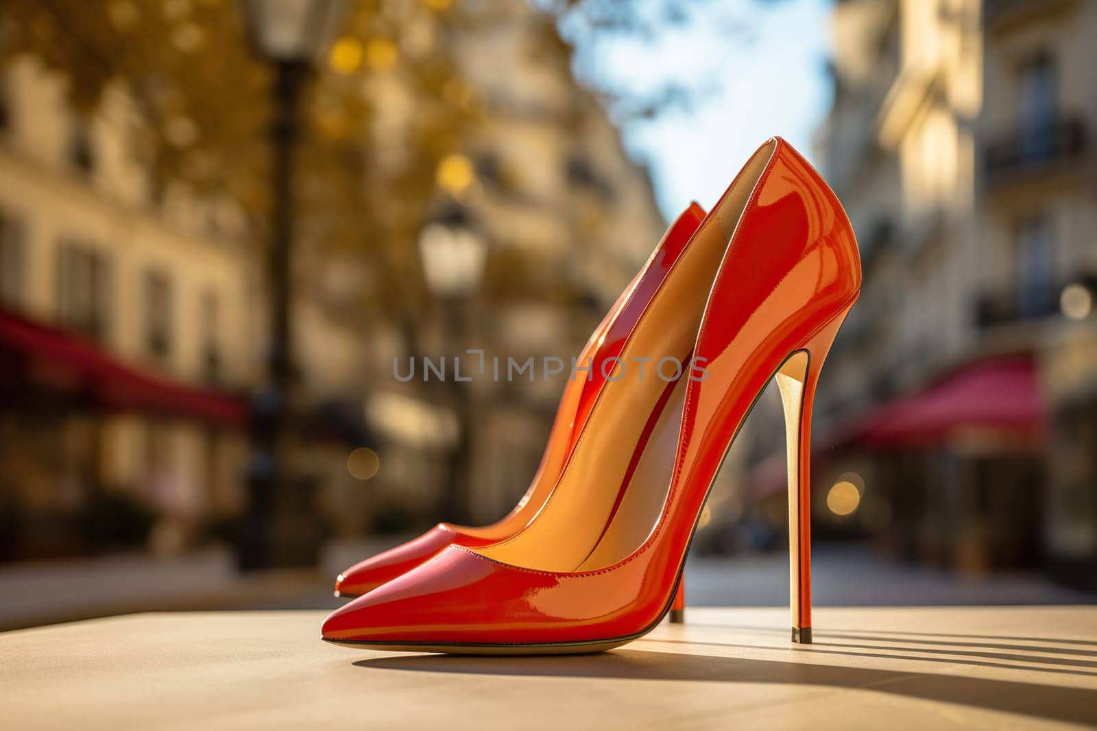 Elegant red women's high-heeled shoe against a city bokeh background. Generated by artificial intelligence by Vovmar