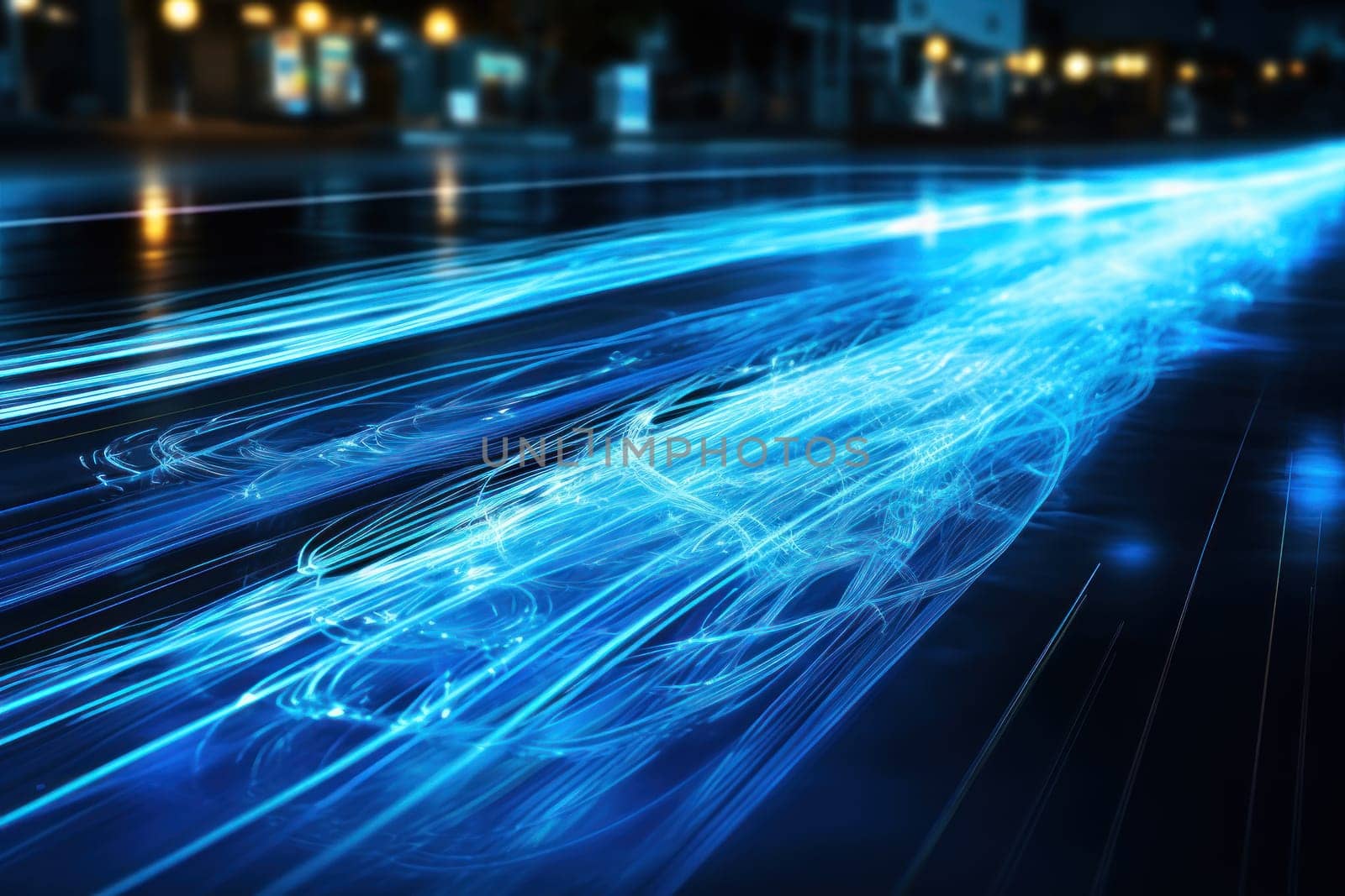 Blue light streak fiber optic speed line futuristic background. Generative AI.
