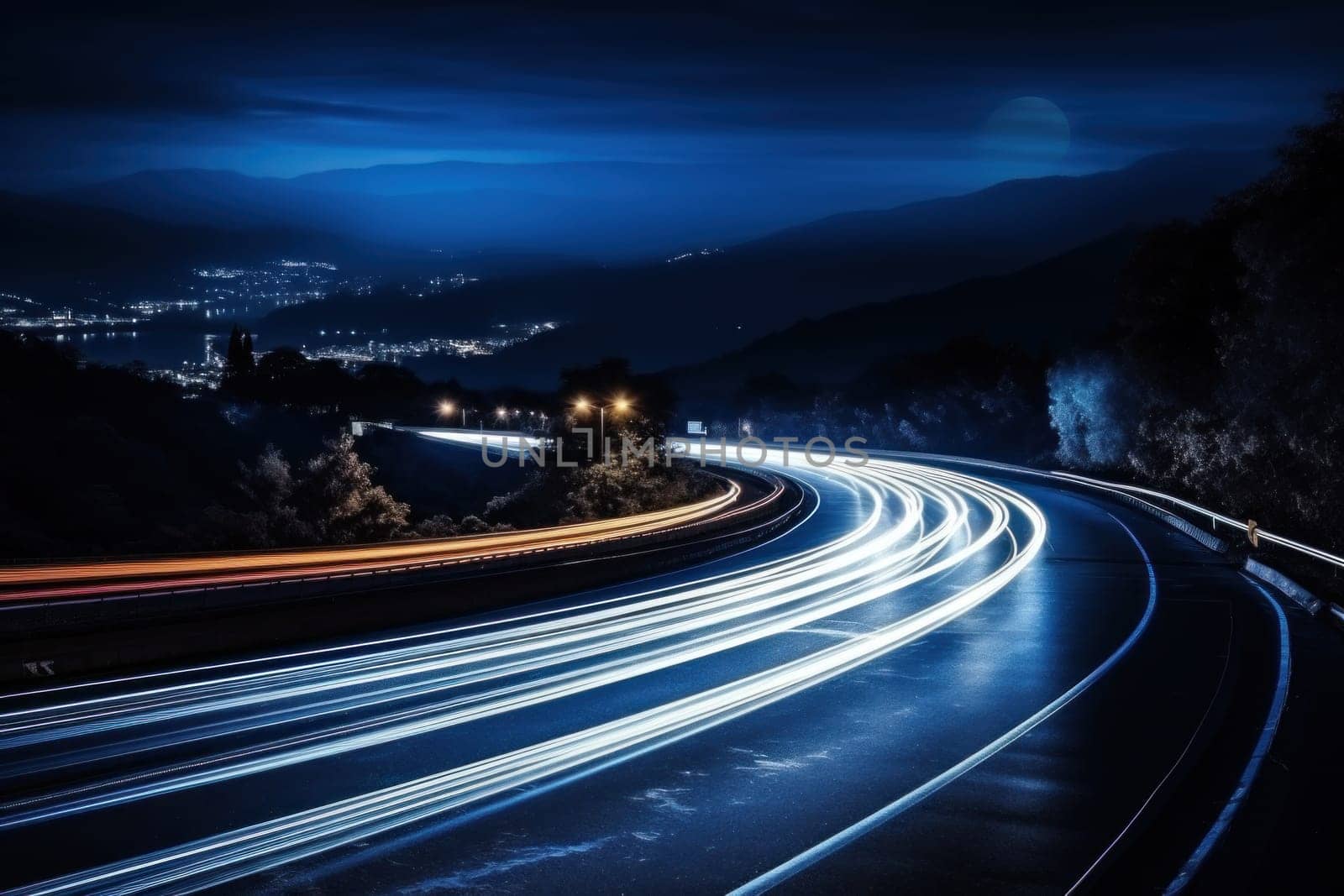 Cars light trails at night in a curve asphalt road at night. Generative AI by golfmerrymaker