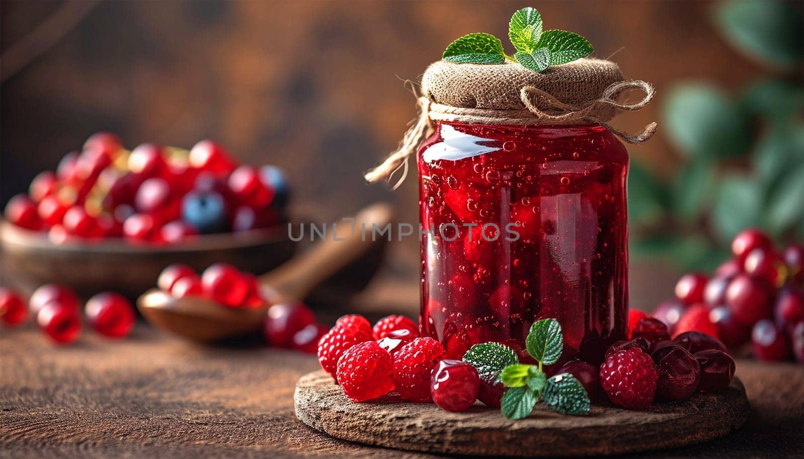 Raspberry jam with berry on light background. Homemade jam with raspberry. banner, menu, recipe place for text, top Various jams peach and strawberry on wooden table copy space