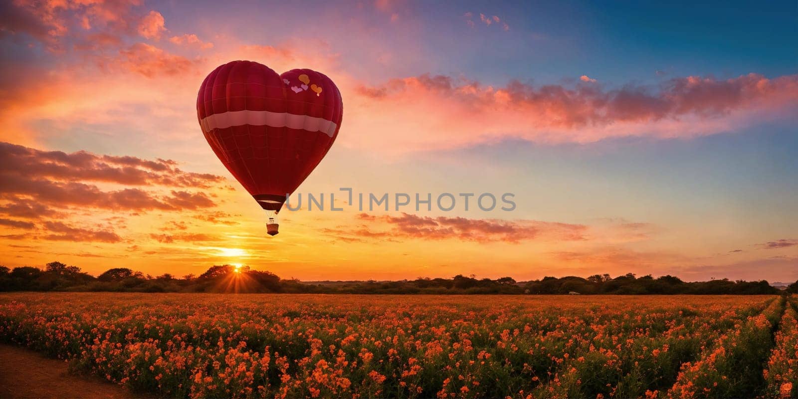 Landscape with a heart-shaped balloon in the sky. Generative AI. High quality photo