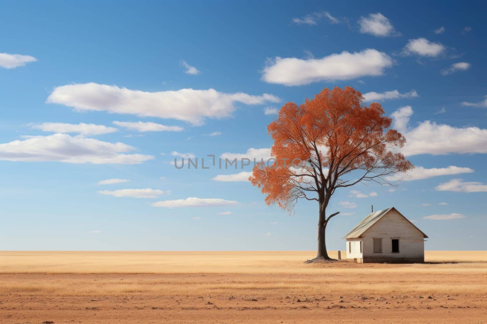 Minimalist landscape with alone tree and house. Generative AI.