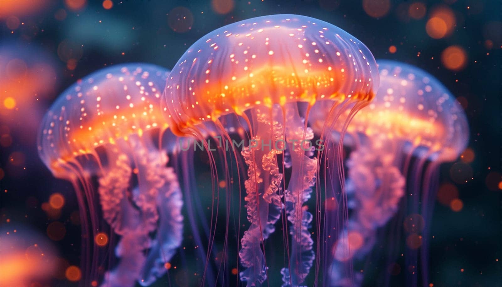 Jellyfish floating in magical ocean. Beautiful cosmic neon purple sea. collection of animals. 3d animation of a seamless loop. Underwater world glowing fish in the water. Marine life. Pink,blue and purple by Annebel146