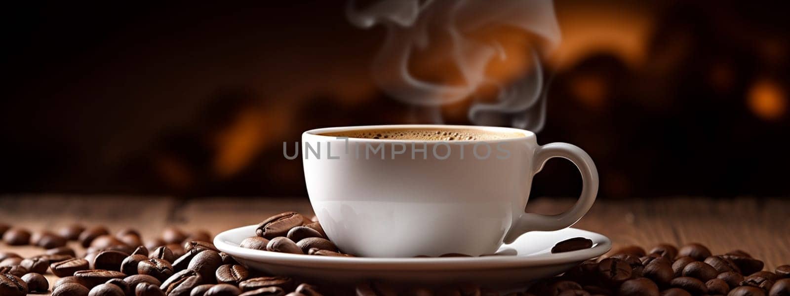 Cup of hot coffee on a wooden table. selective focus. drink Generative AI,