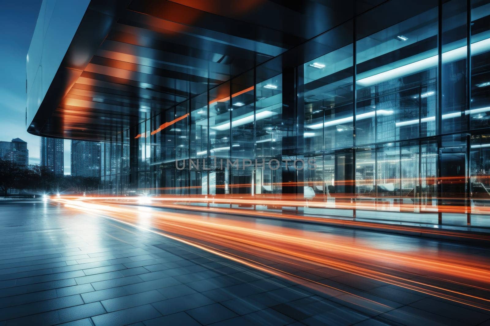 Modern office, slow shutter speed photography. Generative AI.