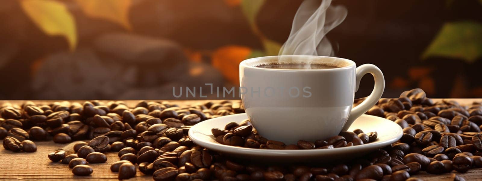 Cup of hot coffee on a wooden table. selective focus. drink Generative AI,